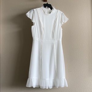 White Adrianna Papell Chiffon Dress Ruffles Trim